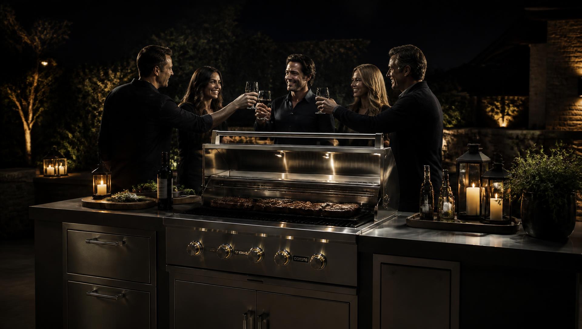 Friends toasting around a spotless built-in grill at night